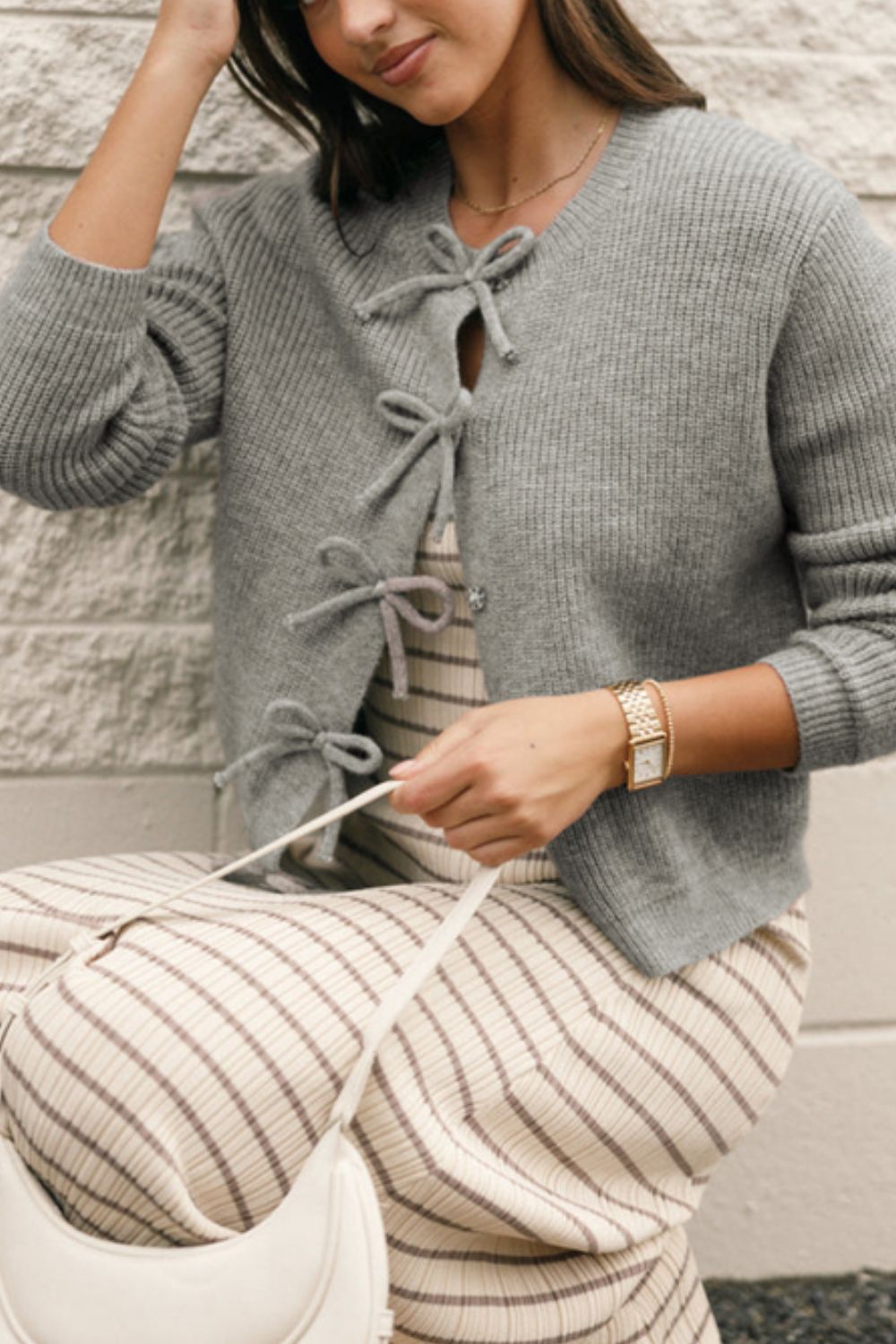 Bow Round Neck Long Sleeve Cardigan-Angel Casuals