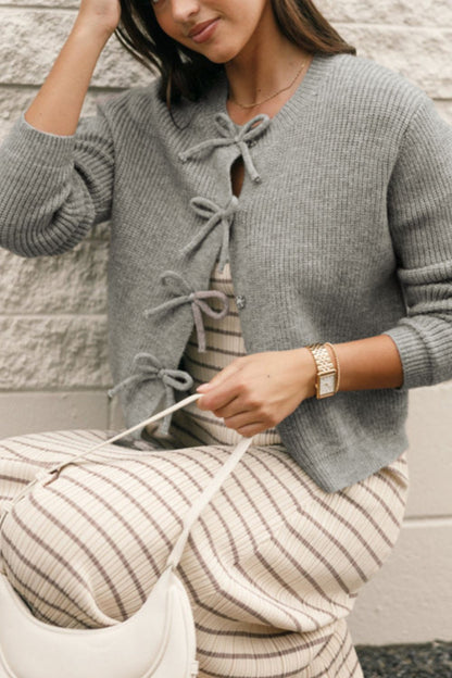 Bow Round Neck Long Sleeve Cardigan-Angel Casuals