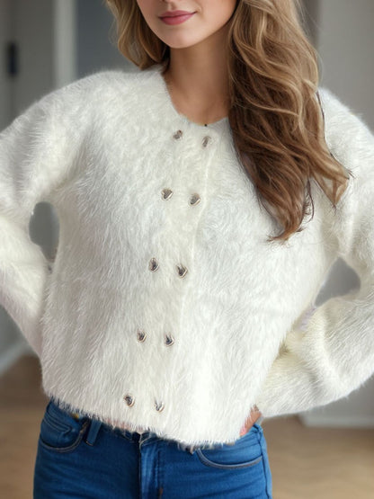 Heart Button Round Neck Cardigan-Angel Casuals