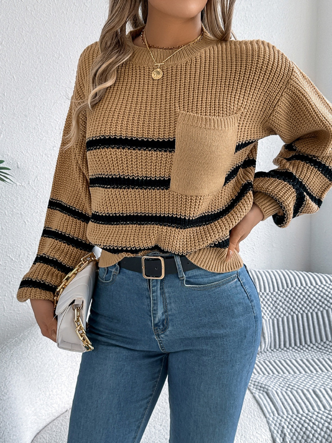 Striped Round Neck Long Sleeve Sweater-Angel Casuals