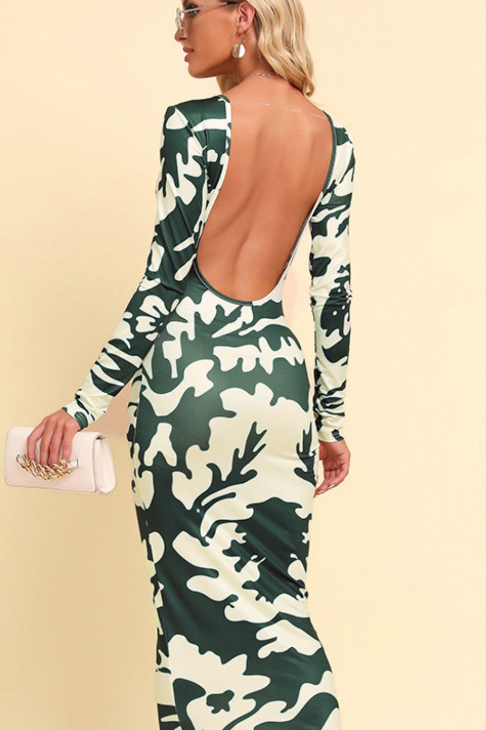 Printed Backless Long Sleeve Maxi Dress-Angel Casuals