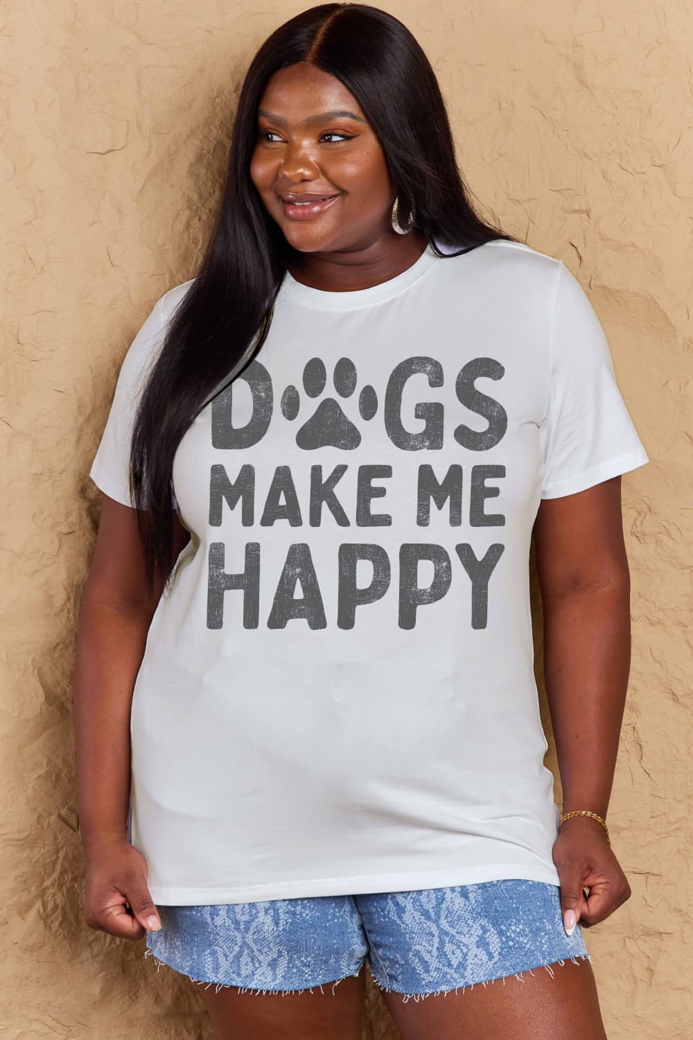 Simply Love Full Size DOGS MAKE ME HAPPY Graphic Cotton T-Shirt-Angel Casuals