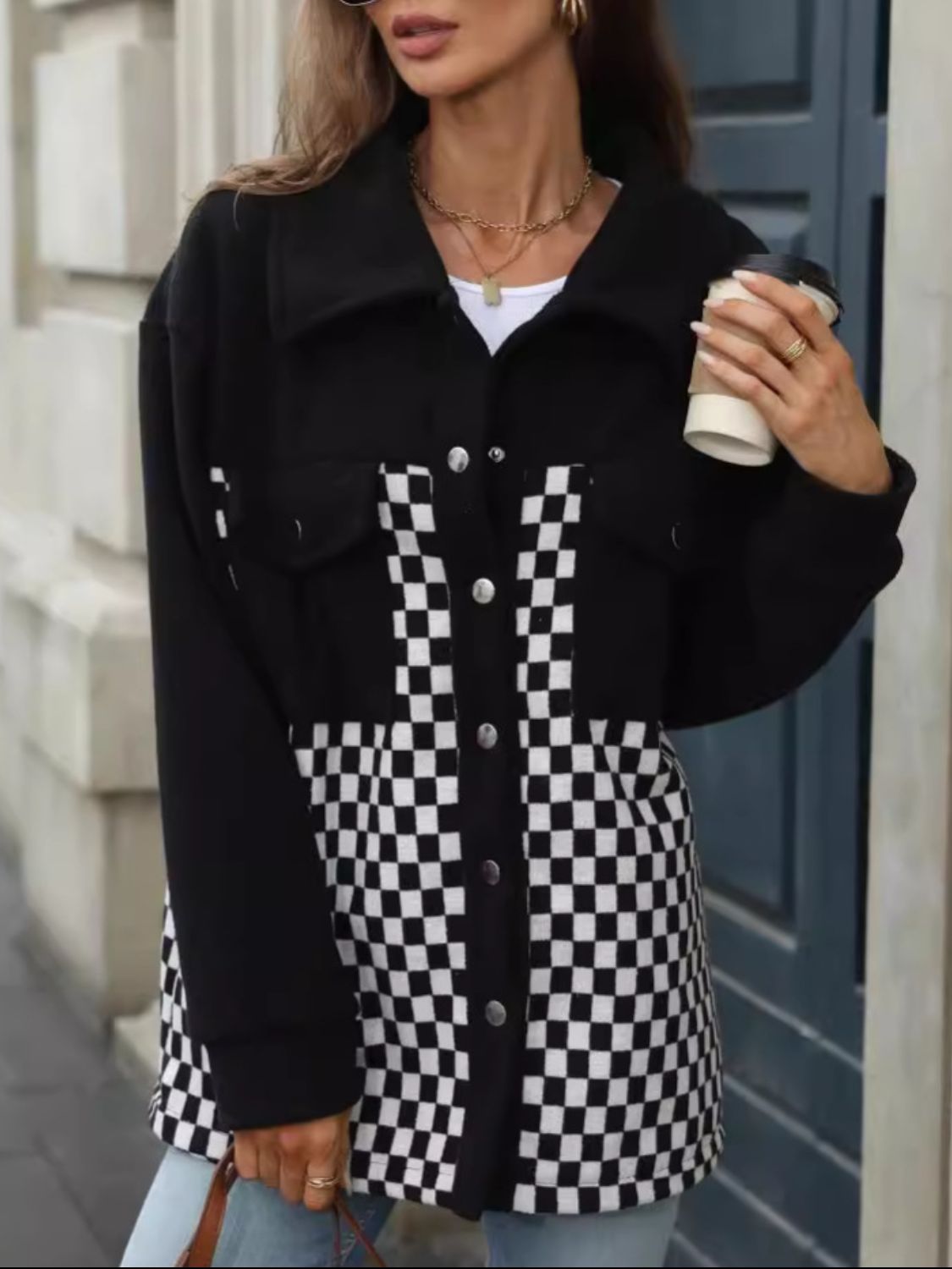 Checkered Snap Down Long Sleeve Jacket-Angel Casuals