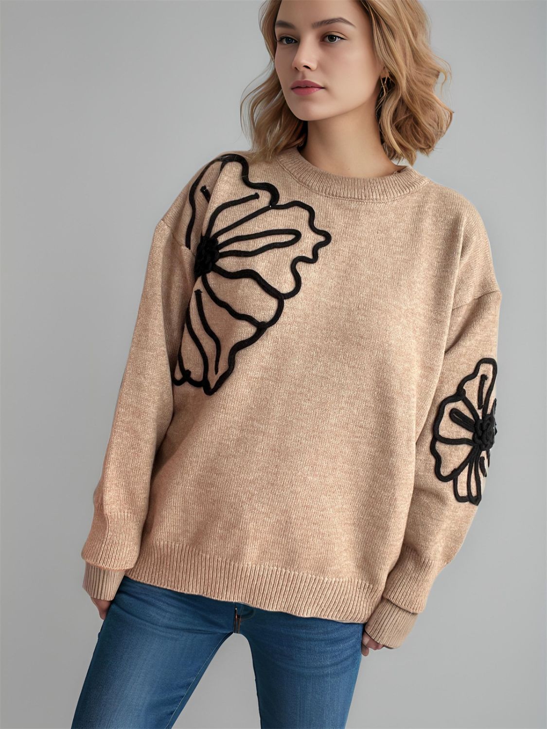 Flower Round Neck Long Sleeve Sweater-Angel Casuals