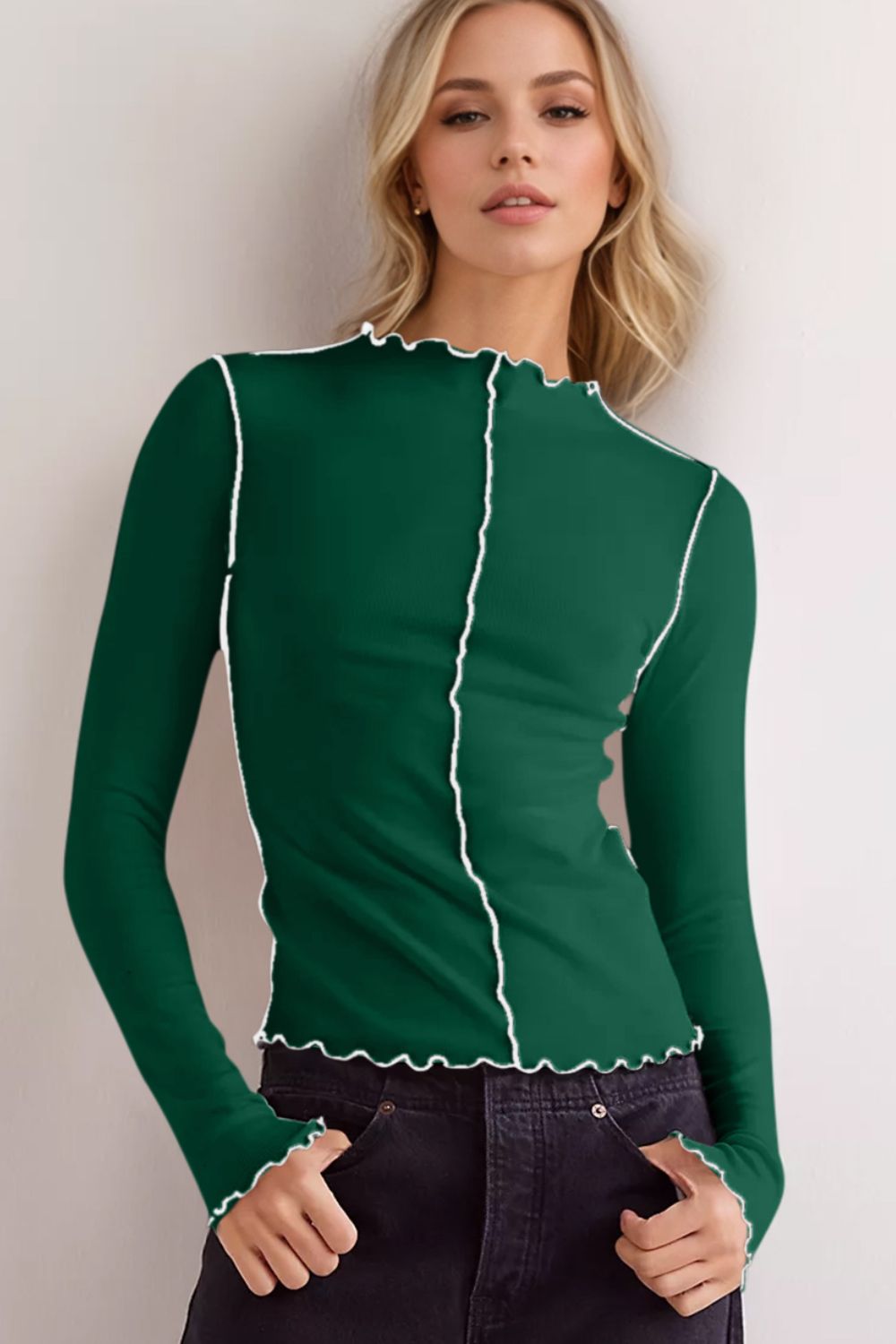 Basic Bae Contrast Trim Mock Neck Long Sleeve T-Shirt-Angel Casuals