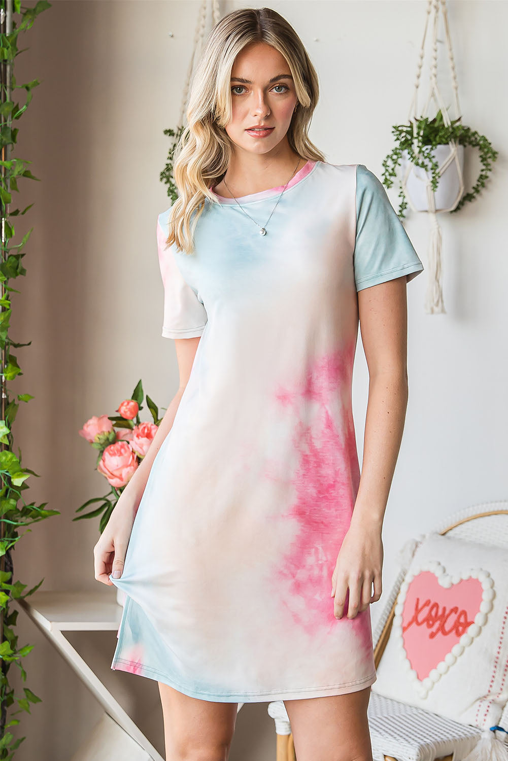 Tie-Dye Round Neck Short Sleeve Slit Dress-Angel Casuals