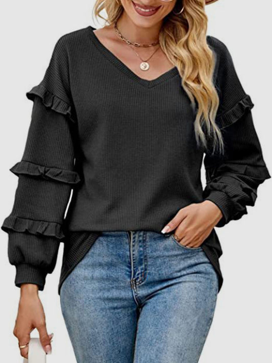 Ruffled V-Neck Long Sleeve T-Shirt-Angel Casuals