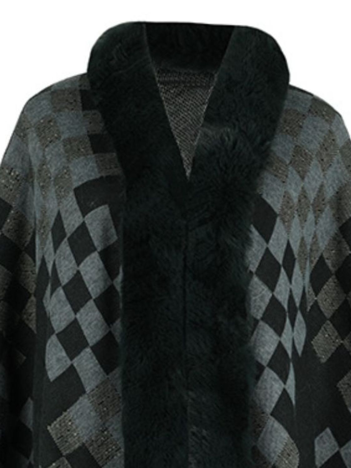 Fuzzy Checkered Long Sleeve Poncho-Angel Casuals