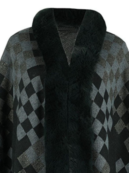 Fuzzy Checkered Long Sleeve Poncho-Angel Casuals