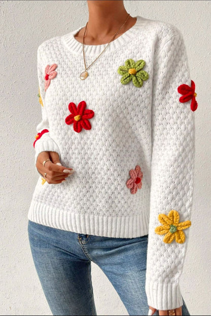 Crochet Flower Round Neck Long Sleeve Sweater-Angel Casuals