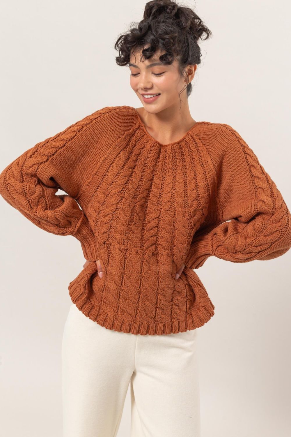 HYFVE Cable-Knit Round Neck Raglan Sleeve Sweater-Angel Casuals