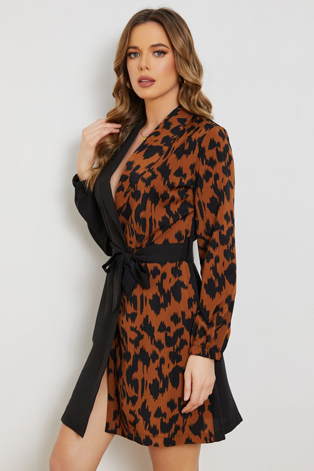 Leopard Color Block Belted Shawl Collar Dress-Angel Casuals