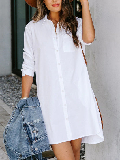 Button Up Collared Neck Long Sleeve Shirt Dress-Angel Casuals