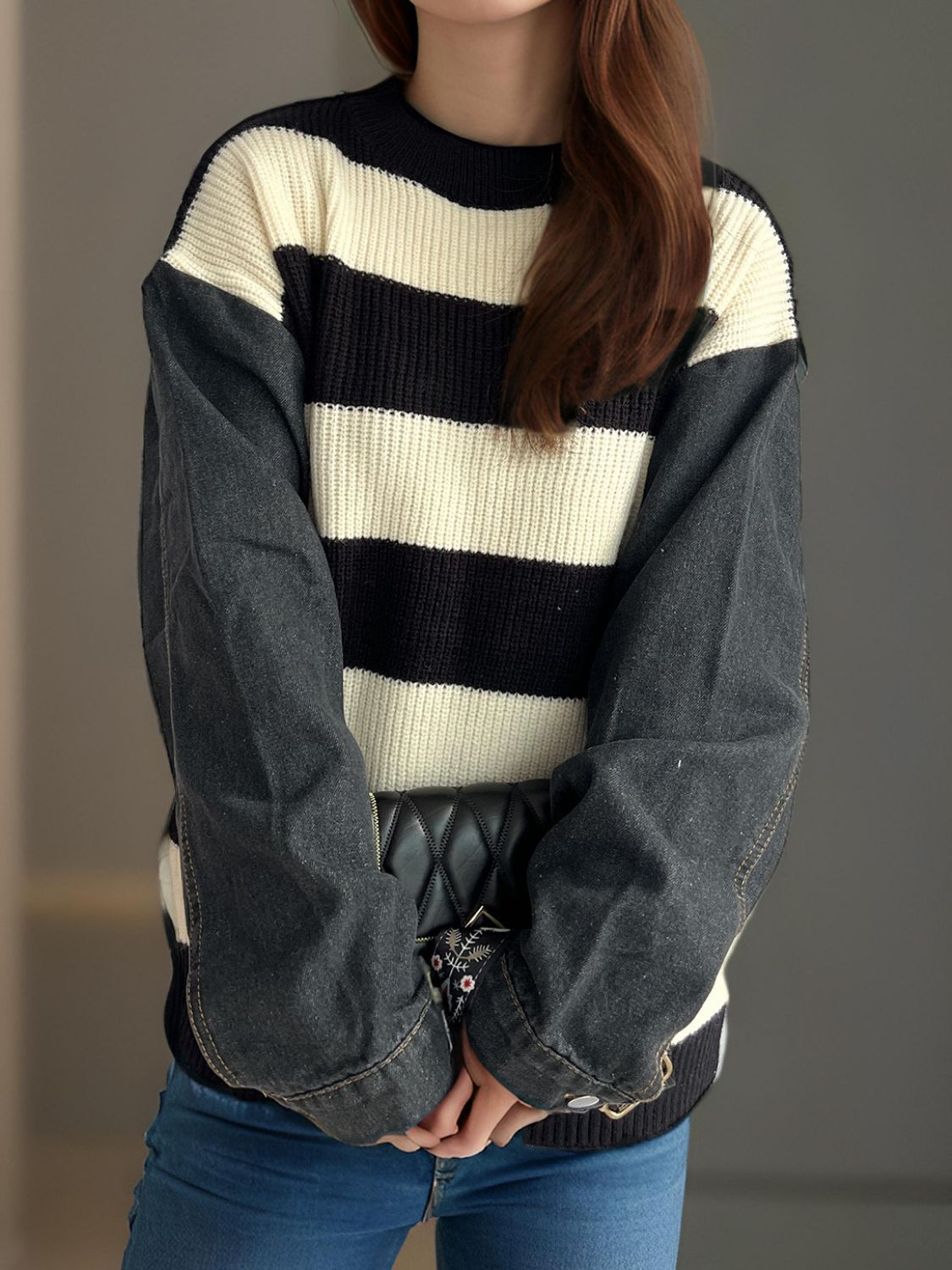 Contrast Round Neck Long Sleeve Sweater-Angel Casuals