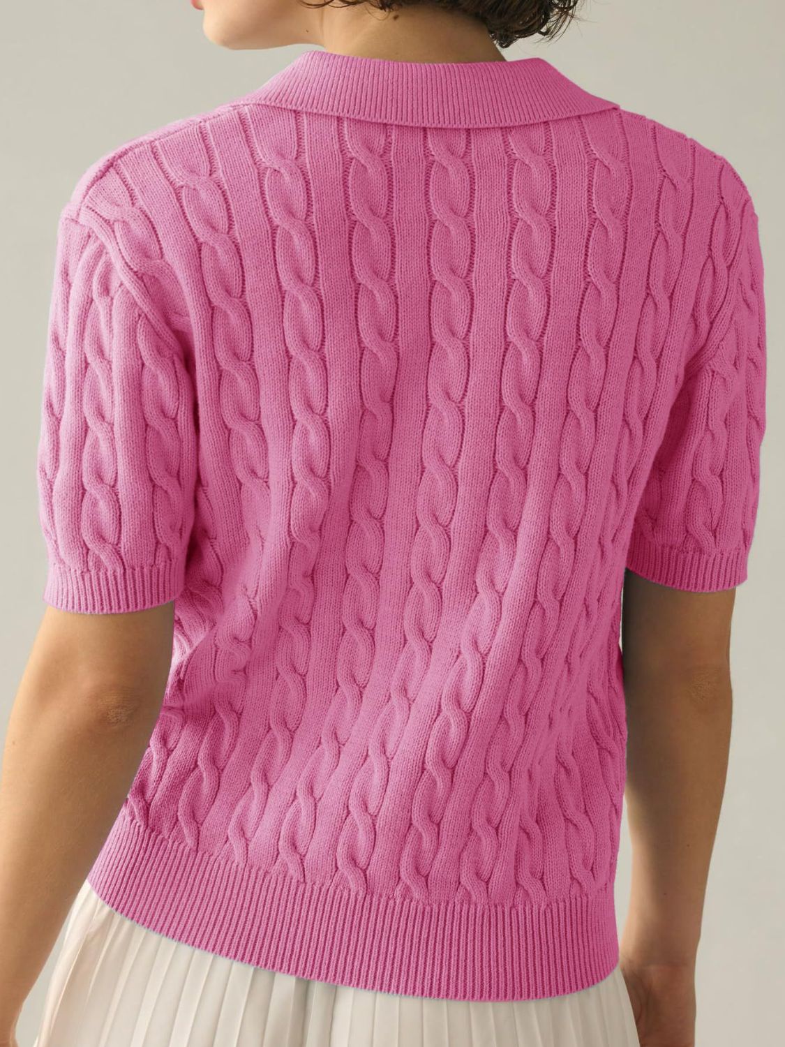 Cable-Knit Collared Neck Half Sleeve Sweater-Angel Casuals