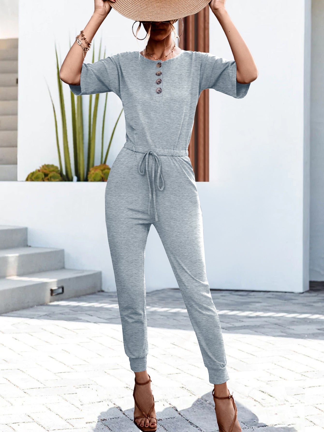 Buttoned Half Sleeve Round Neck Jumpsuit-Angel Casuals