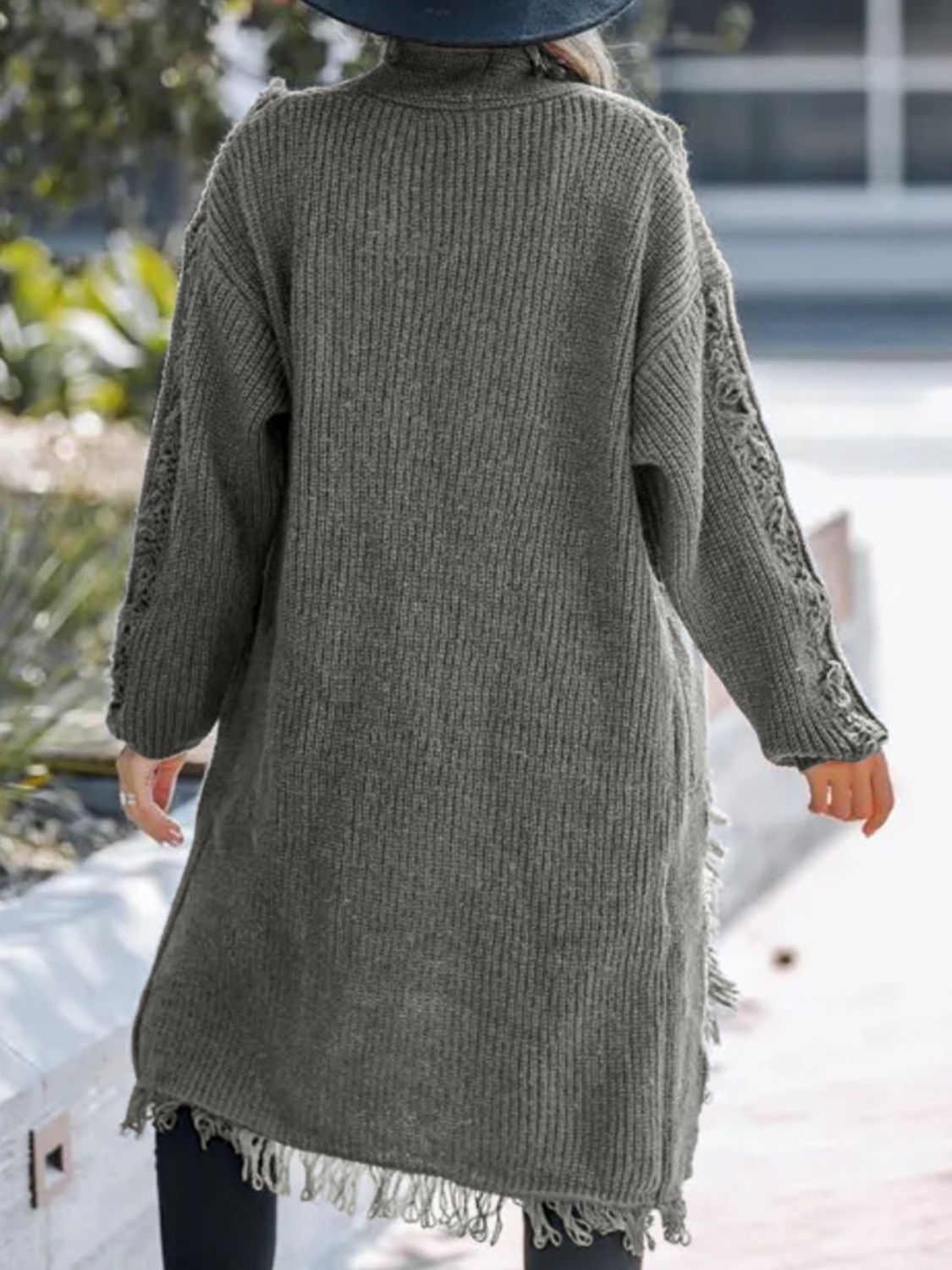 Fringe Open Front Long Sleeve Cardigan-Angel Casuals