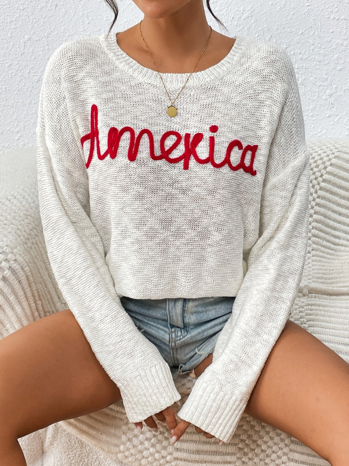 Letter Round Neck Long Sleeve Sweater-Angel Casuals