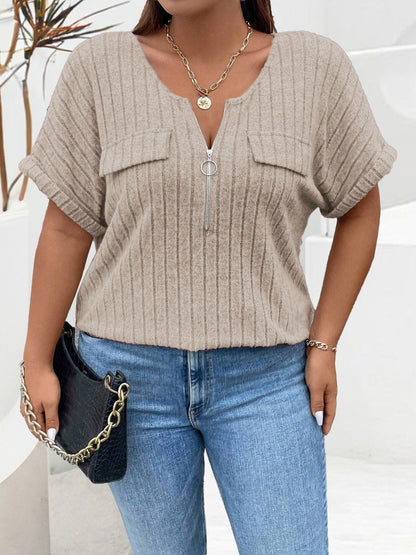 Plus Size Half Zip Short Sleeve T-Shirt-Angel Casuals