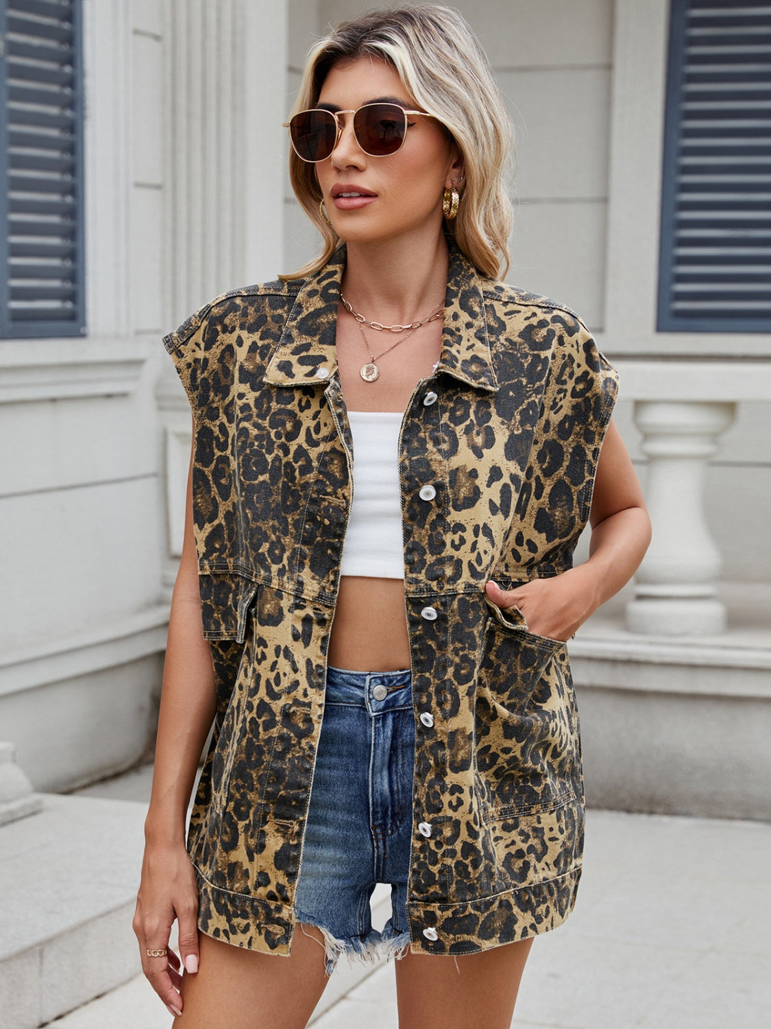 Leopard Buttton Up Denim Vest-Angel Casuals