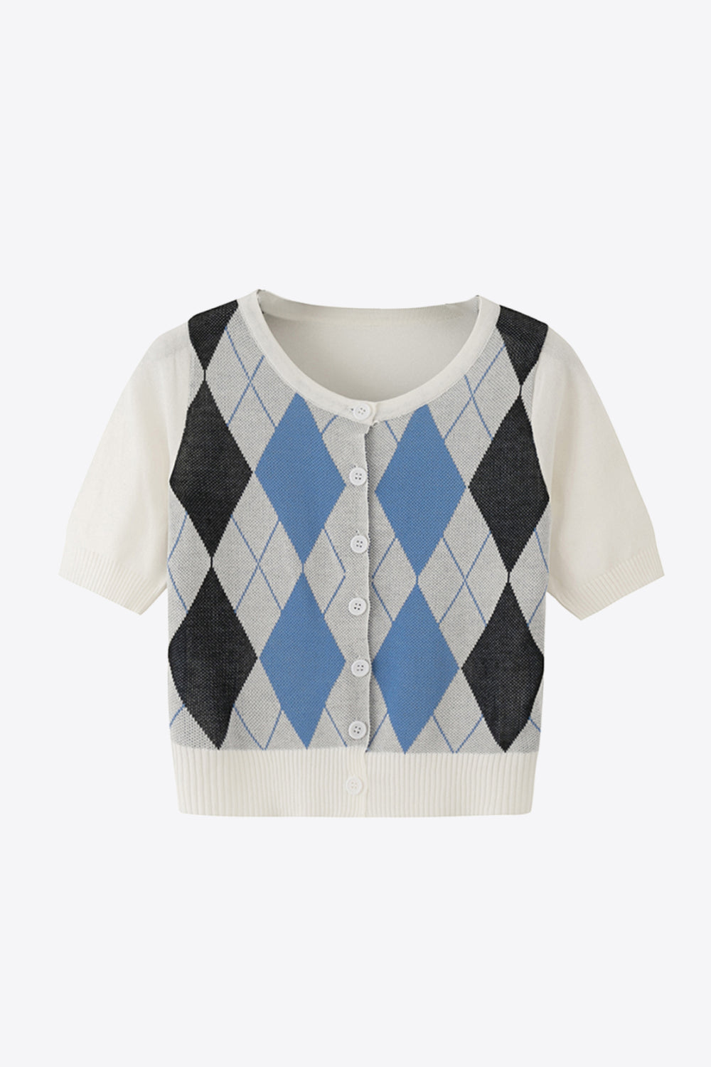 Argyle Round Neck Ribbed Trim Cardigan-Angel Casuals