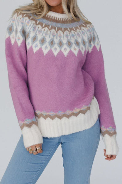 Geometric Round Neck Long Sleeve Sweater-Angel Casuals