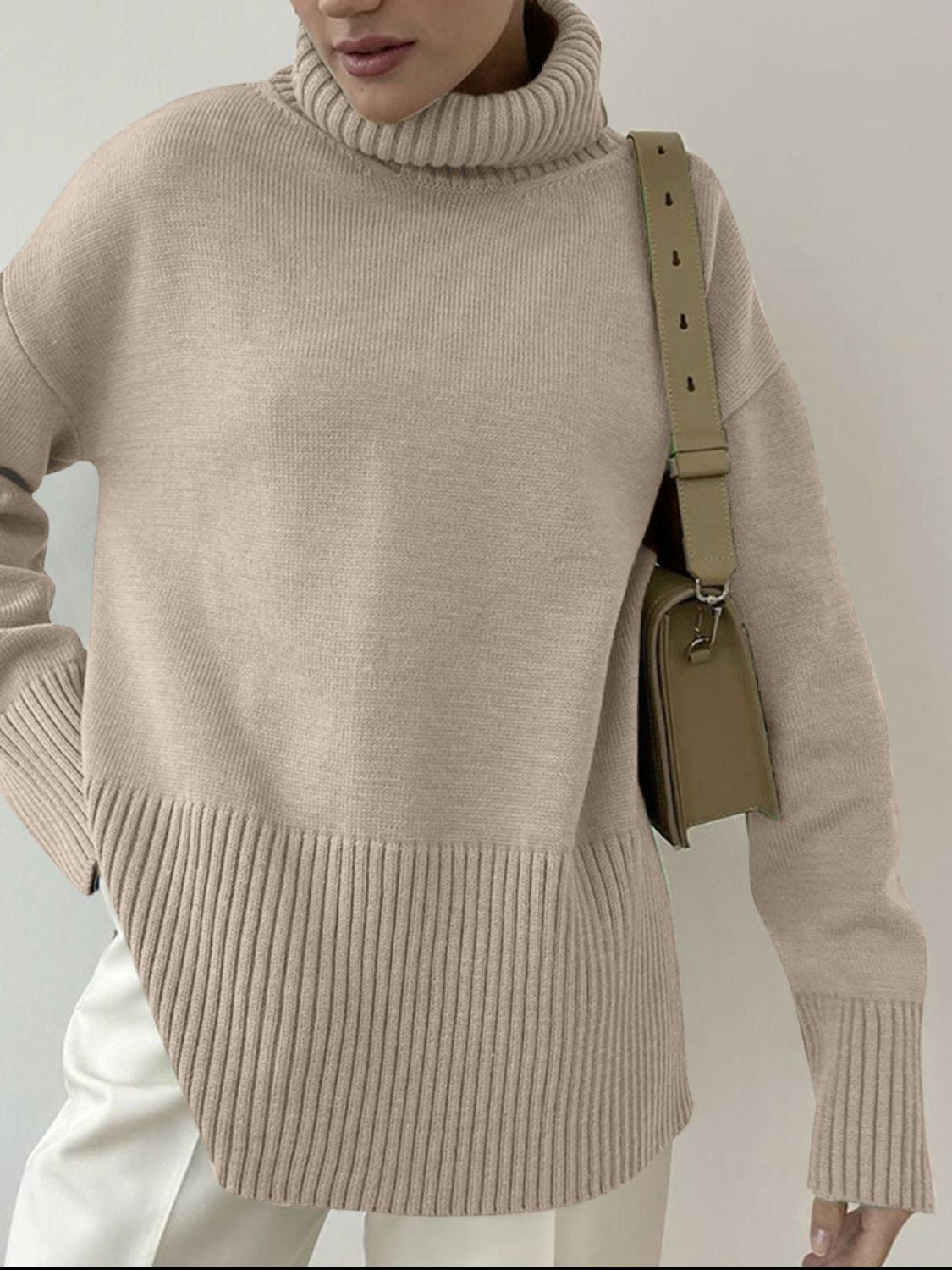 Side Slit Turtleneck Drop Shoulder Sweater-Angel Casuals