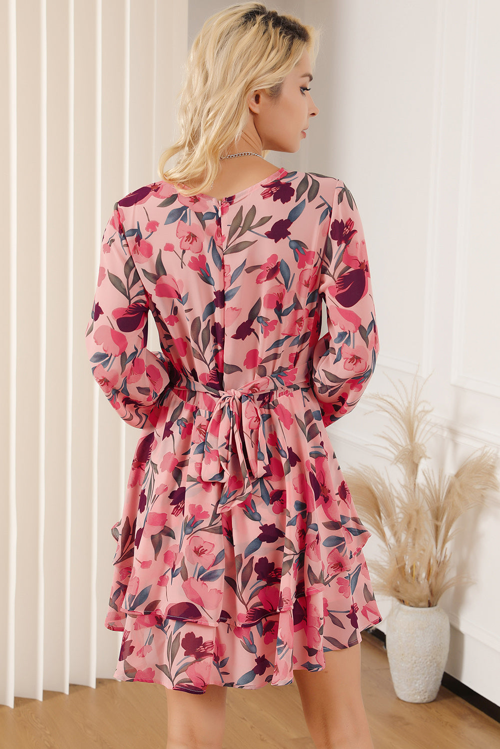 Printed Surplice Balloon Sleeve Mini Dress-Angel Casuals