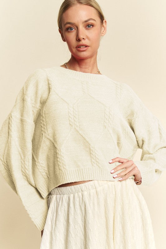 Davi & Dani Diamond Cable Pattern Drop Shoulder Sweater-Angel Casuals