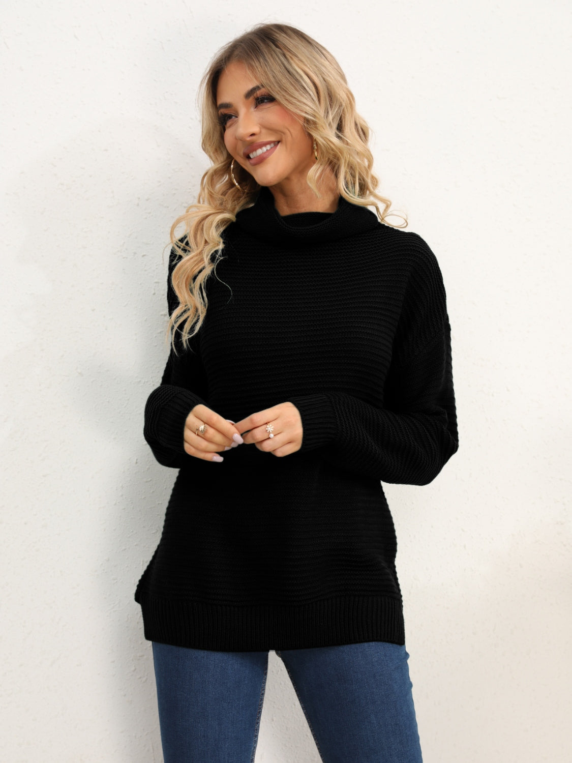 Slit Turtleneck Dropped Shoulder Sweater-Angel Casuals