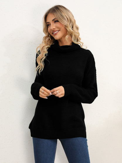 Slit Turtleneck Dropped Shoulder Sweater-Angel Casuals