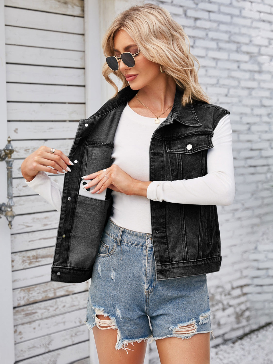 Button Up Cap Sleeve Denim Jacket-Angel Casuals