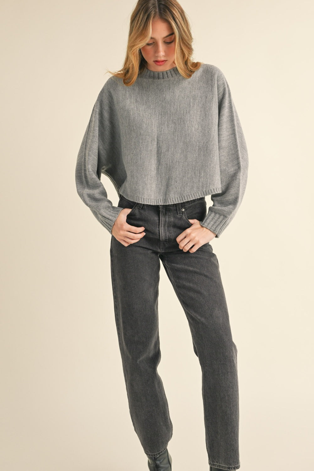 Mable Round Neck Dolman Sleeve Cropped Sweater-Angel Casuals