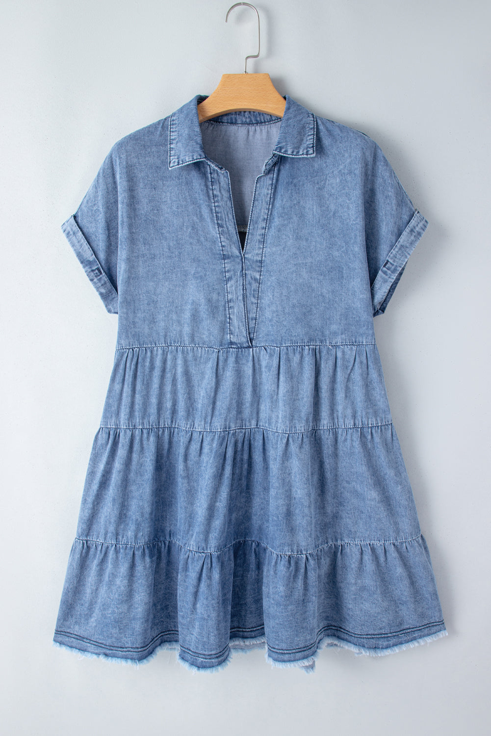 Raw Hem Collared Neck Short Sleeve Denim Dress-Angel Casuals