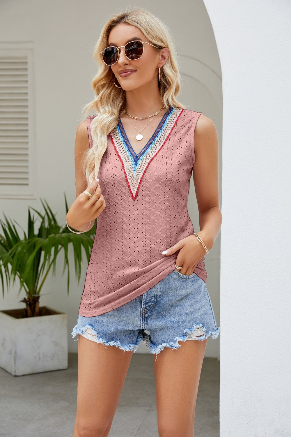 Contrast V-Neck Eyelet Tank-Angel Casuals