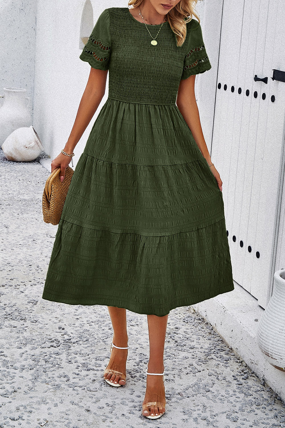 Smocked Round Neck Short Sleeve Midi Dress-Angel Casuals