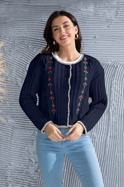 Graphic Cable-Knit Button Up Cardigan-Angel Casuals