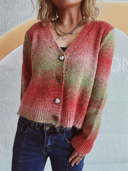 Gradient Heart Shape Button V-Neck Cardigan-Angel Casuals