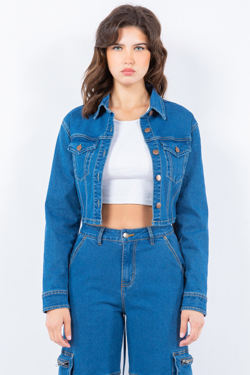 American Bazi Laced Back Cropped Denim Jacket-Angel Casuals