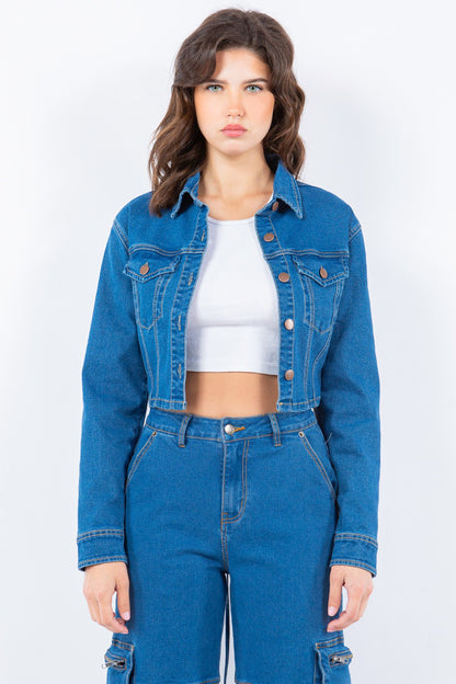 American Bazi Laced Back Cropped Denim Jacket-Angel Casuals