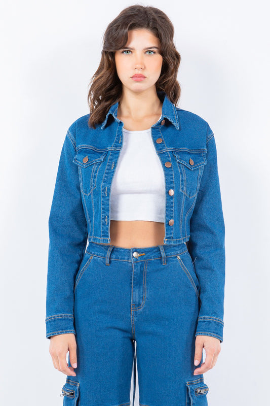 American Bazi Laced Back Cropped Denim Jacket-Angel Casuals