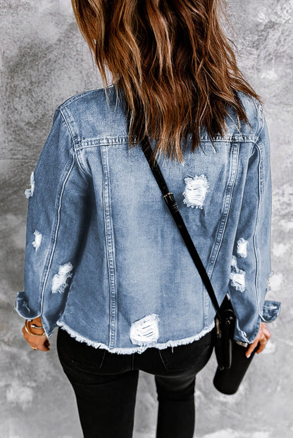 Distressed Raw Hem Denim Jacket-Angel Casuals