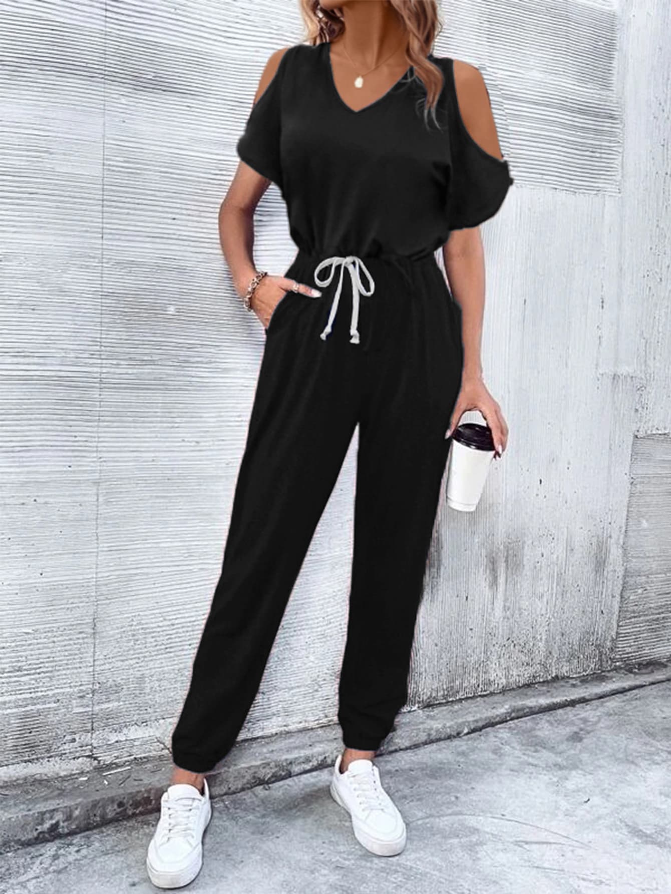 V-Neck Cold-Shoulder Jumpsuit with Pockets-Angel Casuals