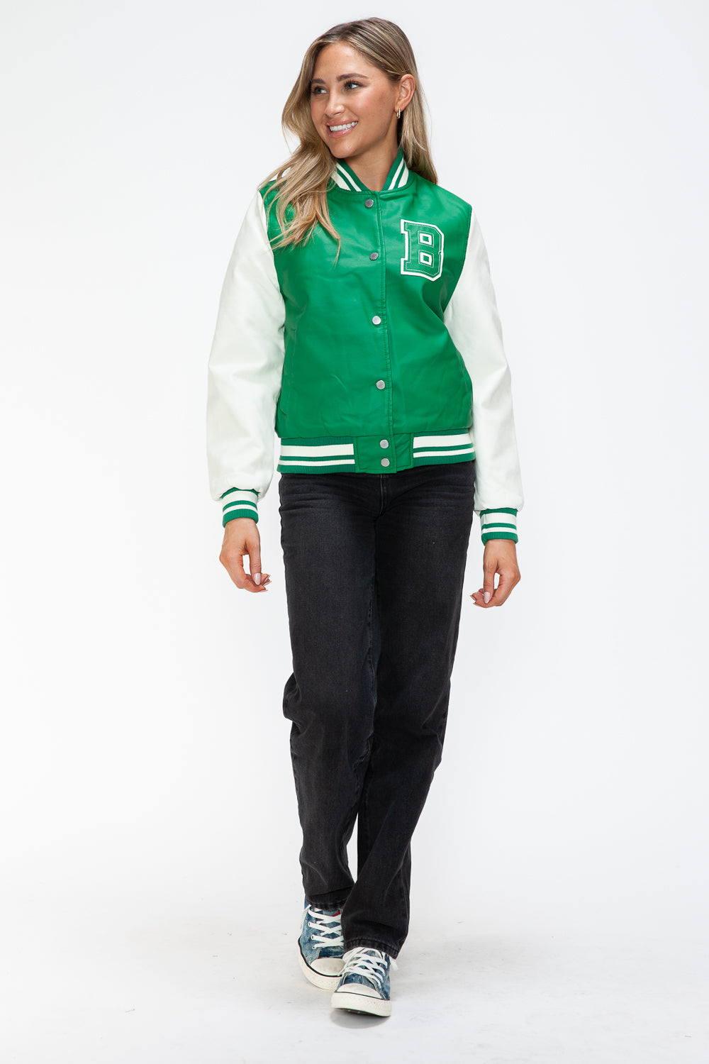 Love Me Now PU Leather Contrast Snap Down Bomber Jacket-Angel Casuals