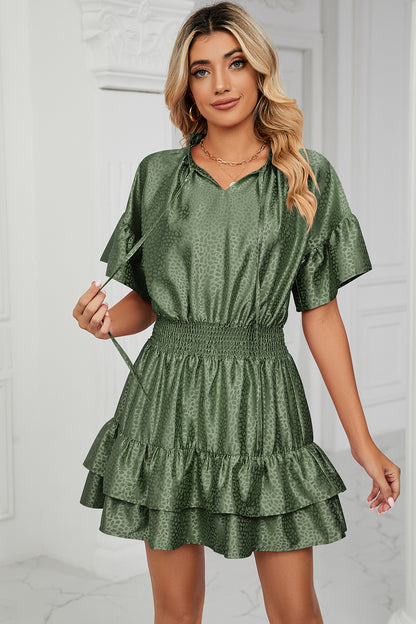 Smocked Tie Neck Flounce Sleeve Dress-Angel Casuals