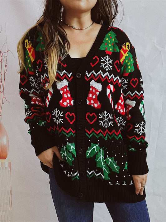 Printed Button Up V-Neck Long Sleeve Cardigan with Pockets-Angel Casuals