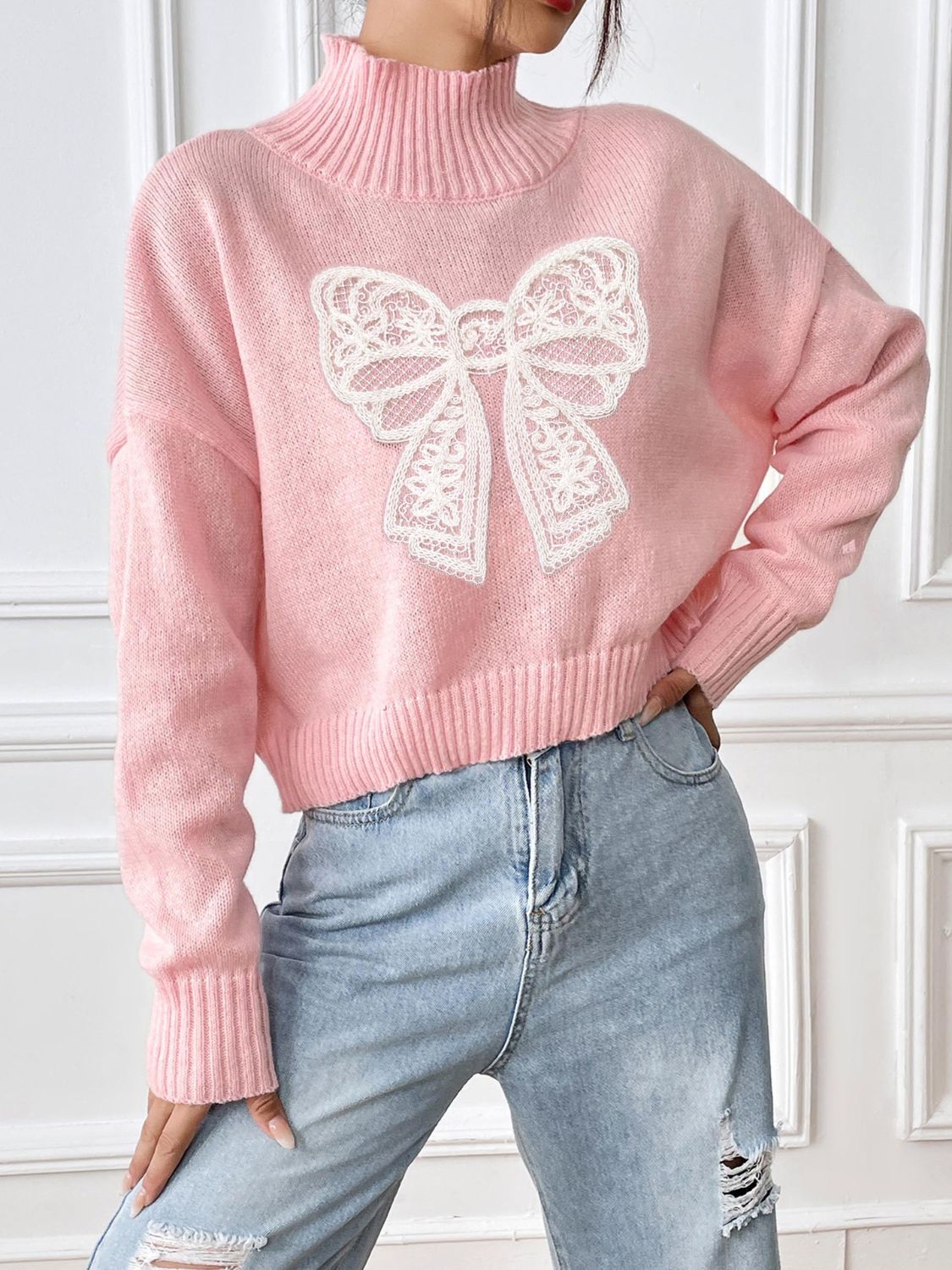 Bow Turtleneck Long Sleeve Sweater-Angel Casuals