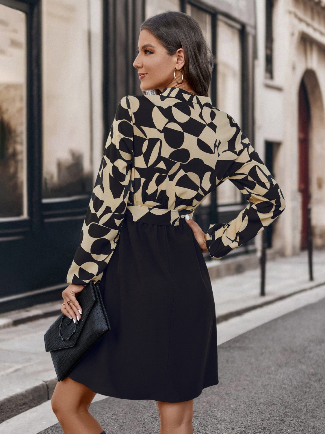 Contrast Notched Tie Front Long Sleeve Dress-Angel Casuals