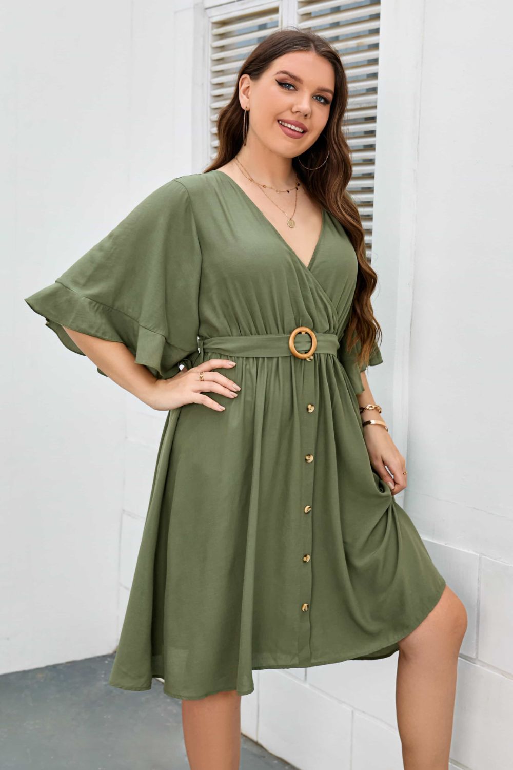 Plus Size Surplice Neck Half Sleeve Dress-Angel Casuals