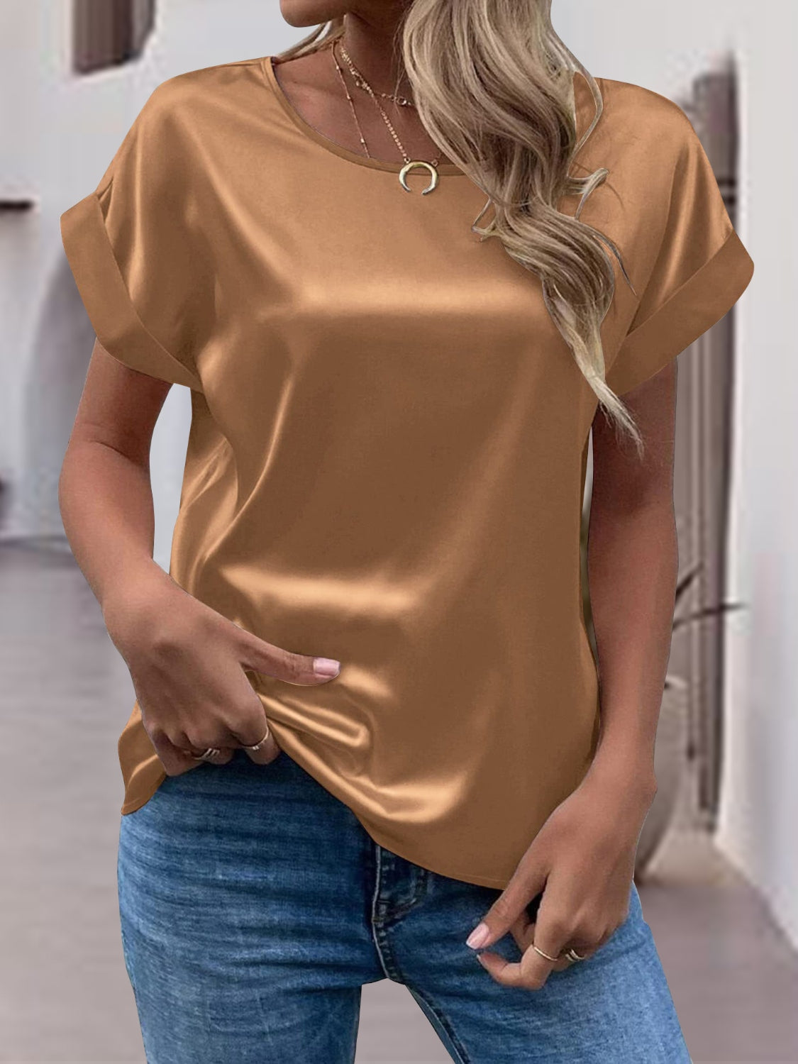 Round Neck Short Sleeve T-Shirt-Angel Casuals